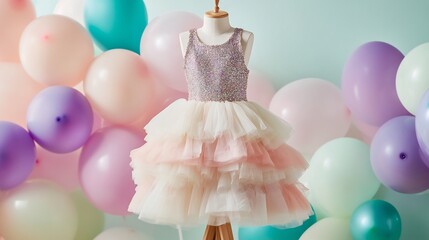 Sleeveless party frock with sequin details a fitted bodice and a multi tiered chiffon skirt set on a wooden stand surrounded by pastel balloons for a festive look