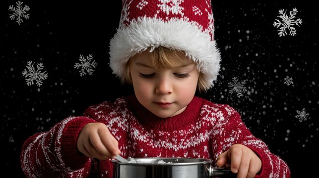 Caucasian child in festive sweater stirring pot with snowflakes on black background
