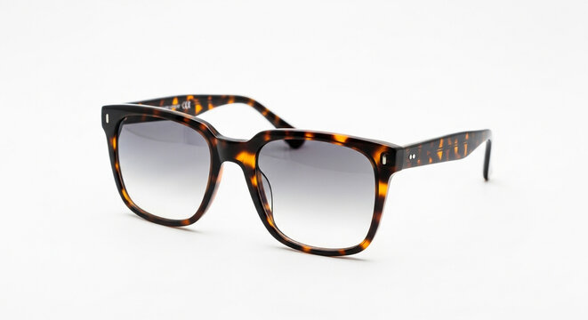 A pair of square-shaped sunglasses with dark tortoise-shell frames, featuring a pattern of dark brown and amber hues, is sharply displayed against a bright white background