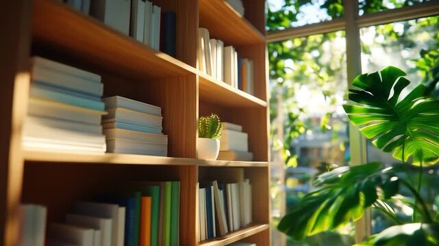 Sunlit bookshelf with green houseplant by window cozy home reading corner