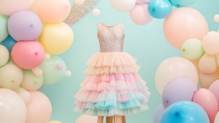 Sleeveless party frock with sequin details a fitted bodice and a multi tiered chiffon skirt set on a wooden stand surrounded by pastel balloons for a festive look