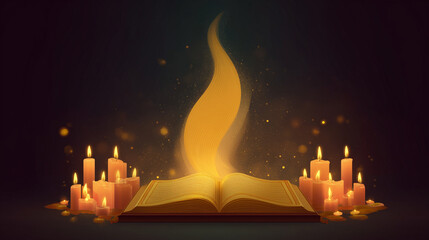 Guru Nanak Jayanti banner with glowing candles, open holy book, and golden chalice — peaceful spiritual background symbolizing light, wisdom, and divine knowledge for Sikh festival celebration