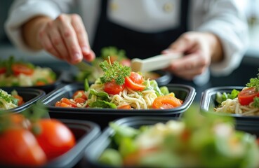 Chef prepares ready-to-eat meals in commercial kitchen. Focus on individual food containers efficient catering solutions. Image meal packaging for delivery services, corporate events emphasizing