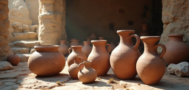 Assortment of pottery sits on ground. Ancient clay jars, pots inside. Vessels displayed in shadow. Concept of history, vintage, archeology, traditional craftsmanship. Nice vintage earth design.