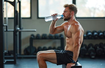 Muscular Caucasian man drinks fresh water from bottle in gym. Athlete shirtless, hydrating during workout break. Sits on bench, rests after intense exercise. Healthy fit guy recovers energy, improves