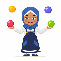 Petite fille musulmane souriante et joyeuse jongle avec des balles colorées, isolée sur un fond blanc