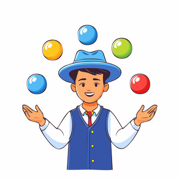 Jeune gar&ccedil;on qui jongle avec des balles color&eacute;es, isol&eacute; sur fond blanc