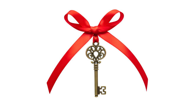 Ornate antique brass key tied with a bright red satin ribbon against a stark black background