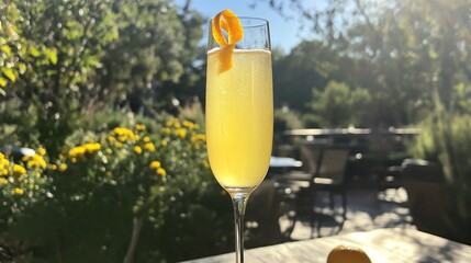 Slender flute glass with a golden hued mimosa garnished with an orange twist set on a patio table with sunlight streaming in and a garden scene in the distance