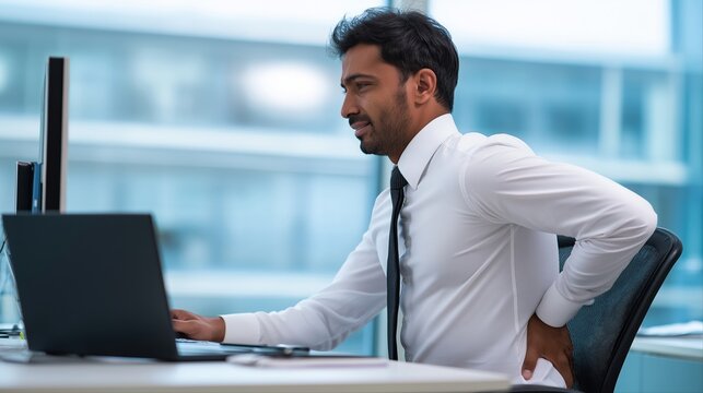 Young asian male experiencing back pain at office workstation - Powered by Adobe