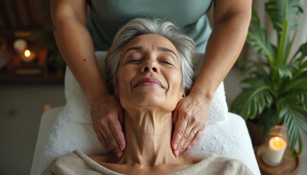 Senior woman enjoys neck massage at wellness spa. Therapist works on female neck to reduce stress. Lady relaxes during therapeutic treatment. Focus on client face with smile and closed eyes. - Powered by Adobe