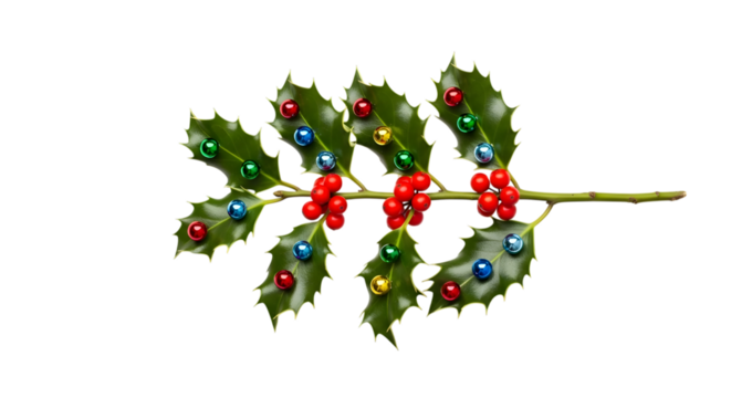 Festive christmas holly branch adorned with vibrant red berries and colorful small baubles on a dark background
