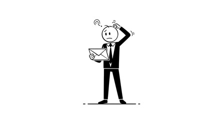 A confused businessman holding an envelope and scratching his head with a question mark above him.