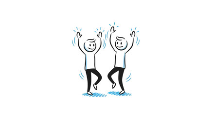 Two stick figures joyfully dancing with their arms raised in celebration.