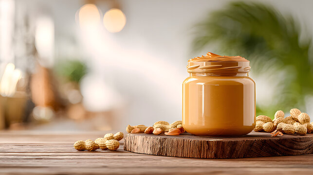 Creamy peanut butter in a jar with peanuts on a wooden surface in soft lighting