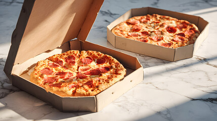 Two pepperoni pizzas in cardboard boxes on a marble countertop in sunlight