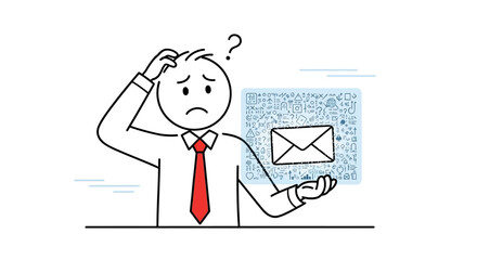 A confused stick figure with a question mark above its head, looking at an email icon.