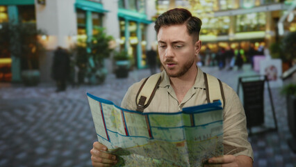 Young man reading a map while standing on a city street with backpack outdoors, appearing as a tourist in a bustling urban environment.