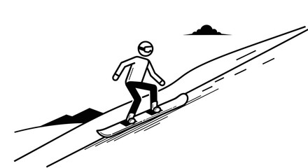A simple black and white line art illustration of a person snowboarding down a snowy mountain slope.