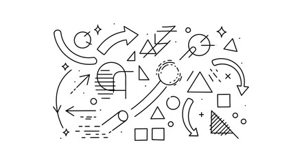 Abstract background with a chaotic composition of various geometric shapes, arrows, and lines in a minimalist outline style.