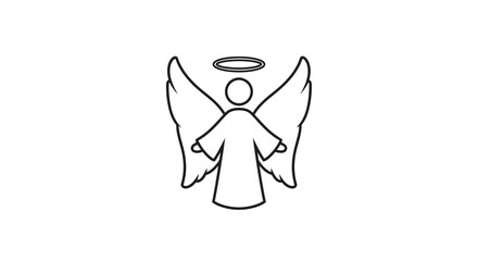 A simple black and white line art drawing of an angel with outstretched wings and a halo above its head, representing spirituality and peace.