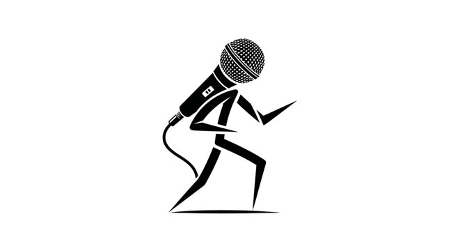 A stylized black and white graphic of a microphone character in a dynamic, energetic performance pose.