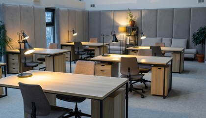 Modern office desks with lamps and chairs