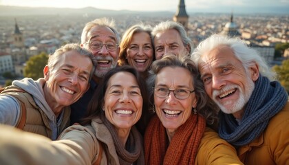 Joyful multiracial friends capture selfie smiling with city panorama on sunny day. Diverse seniors enjoy urban exploration travel, bonding, and good times together, cherishing memories.