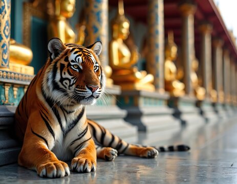 Tiger rests near golden Buddha statues inside ornate Asian temple. Majestic big cat poses serenely beside pillars at sacred holy site. Wildlife animal explores ancient spiritual landmark on vacation.