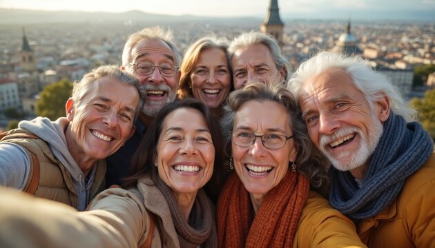 Joyful multiracial friends capture selfie smiling with city panorama on sunny day. Diverse seniors enjoy urban exploration travel, bonding, and good times together, cherishing memories.