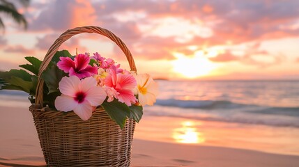 Traditional basket brimming with hibiscus lotus and exotic tropical flowers sitting on a sandy beach with gentle waves and a vibrant sunset in the distance