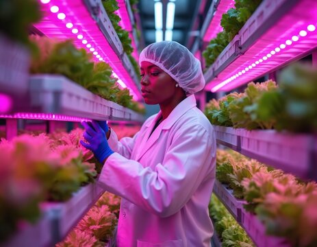 Woman in lab coat and hair net tends to leafy greens under pink LED grow lights in a modern indoor farm setting. She wears blue gloves, inspecting rows of plants on vertical racks.