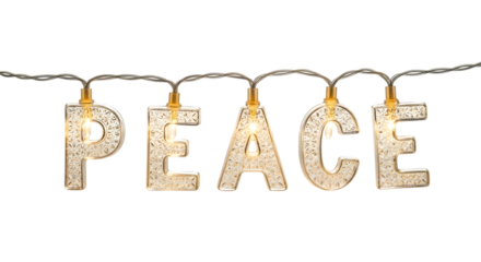 Illuminated peace letters strung together as festive holiday lights on a dark background