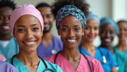 Diverse group of smiling medical workers in scrubs and caps stand together. Professionals look happy and supportive, showing teamwork and care for patients in hospital setting.