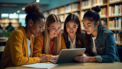A group of multi-ethnic university students collaborating around a large tablet, studying in a modern library setting, candid shot, focus on teamwork and education, high-resolution stock image.