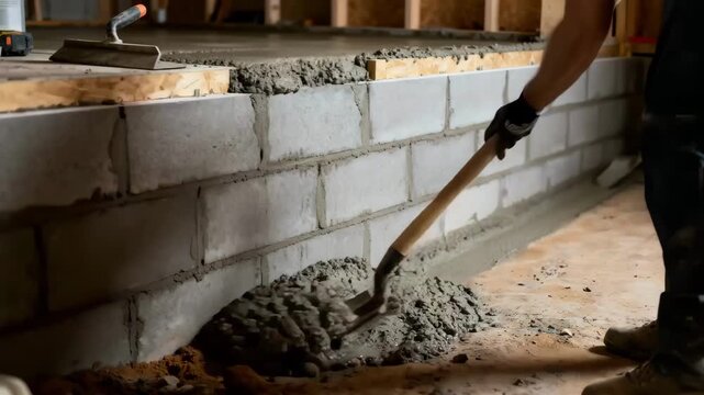 Medium shot portraying concrete flowing into a basement wall mold without insulation showcasing the raw concrete texture and construction tools