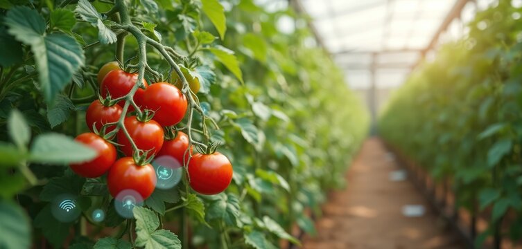 Red tomatoes on vines in a greenhouse with digital icons for smart farming and precision agriculture. Green leaves surround the ripe tomatoes in a high-tech farming setting with wireless connectivity.