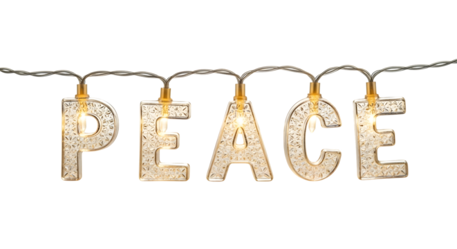 Illuminated peace letters strung together as festive holiday lights on a dark background