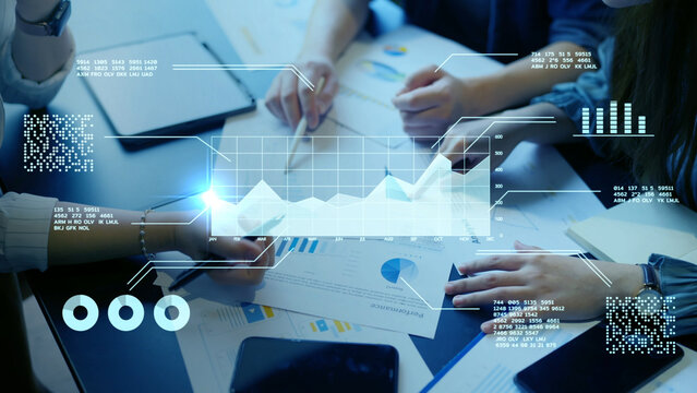 Business plan analyzing virtual data futuristic holographic dashboard business intelligence BI financial analysis big data visualization. stock market investment trends financial performance statistic