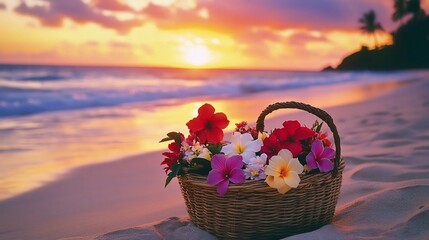 Traditional basket brimming with hibiscus lotus and exotic tropical flowers sitting on a sandy beach with gentle waves and a vibrant sunset in the distance