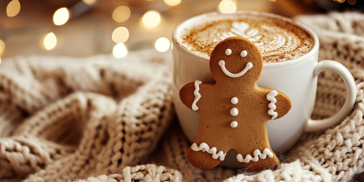 Close-up of a holiday coffee drink with a smiling gingerbread cookie in a cozy festive setting