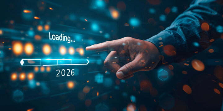 Close-up of a human hand interacting with a digital interface showing a loading bar and the year 2026.