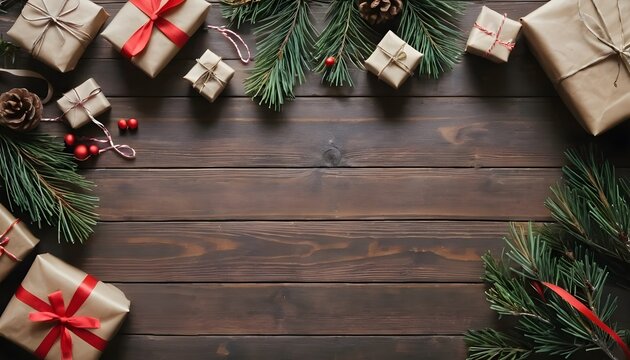 Warmly Wrapped Gift Boxes and Festive Greenery Adorn a Rustic Wooden Surface, Evoking the Spirit of the Holidays