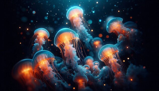 A giant jellyfish glowing with neon lights, floating gracefully in the deep sea.