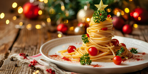 Festive pasta dish styled as a Christmas tree, made of spaghetti with cherry tomatoes, parsley, grated cheese, and a star-shaped cheese topper