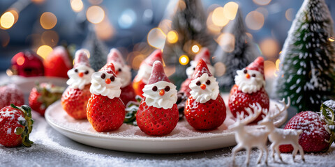 Festive dessert made from strawberries and whipped cream, styled to look like miniature Santa Claus figures.