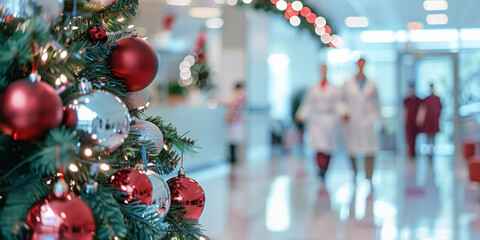 Red baubles and lights on a Christmas tree in a hospital corridor. The background shows blurred medical staff walking, creating a festive yet clinical atmosphere.