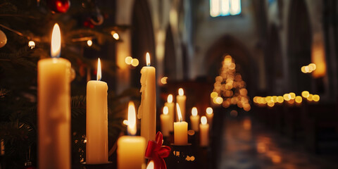 Lit candles on an ornate candleholder inside a decorated church during the Christmas season. Warm glow, holiday ambiance, and spiritual atmosphere with blurred Christmas tree lights in the background.