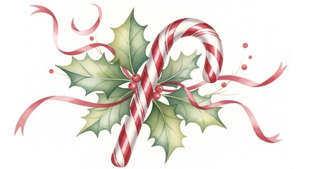 A watercolor illustration of a Christmas candy cane with holly leaves and a flowing red ribbon. This elegant, traditional artwork evokes a festive spirit, ideal for holiday greeting cards.