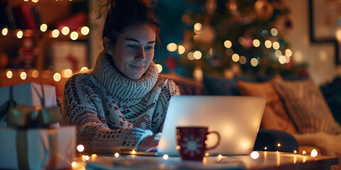 Young woman spending a quiet Christmas evening alone at home, sitting in front of a laptop with a warm drink. Cozy atmosphere with soft lights, holiday decorations, and Christmas tree.